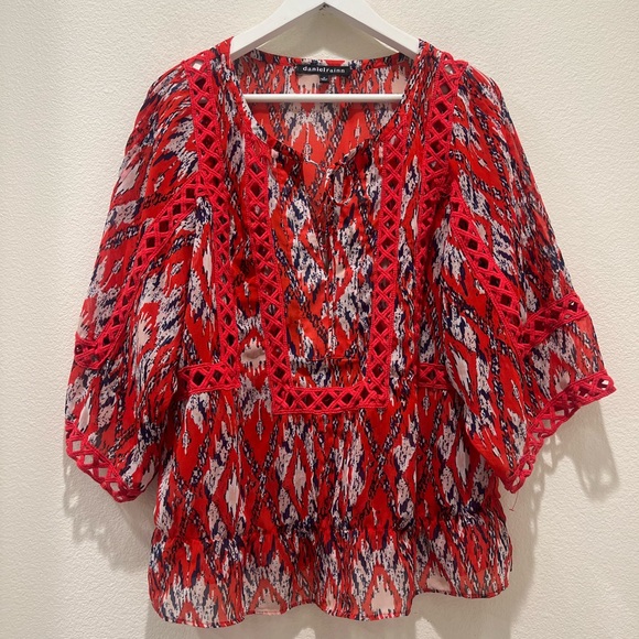 Anthropologie Daniel Rainn Red Orange Tribal Crochet Bell Sleeves Peasant Blouse - Picture 6 of 6